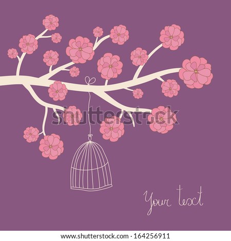 Cute vector illustration in lilac tones. Branch with pink flowers, bird cage. 