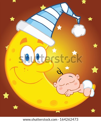 Cute Baby Boy Sleeps On The Moon With Sleeping Hat Over Sky With Stars