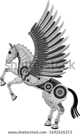 Fantastic horse Pegasus in the style of a mechanical robot. Vector illustration of a winged horse on a white isolated background.
