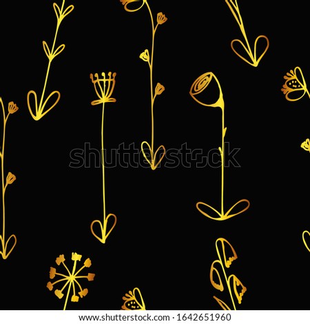 Gold color flowers seamless pattern. Vector doodle outline illustration on black background. Design for print, coloring book, poster, postcard, t-shirt, cup, packaging, design, logo.