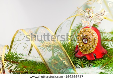 Christmas decoration: bell shape red angel and cold ribbon