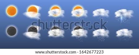 Weather forecast icon set with cloud, sun, raindrops, lightning etc. Vector realistic illustration