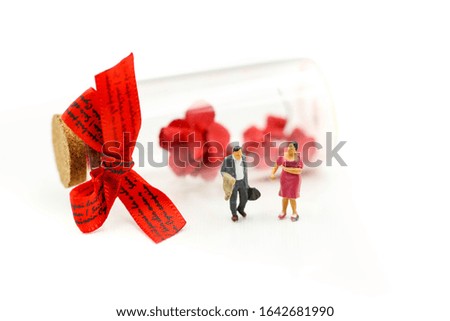 Miniature people : Couple lover with rose and gift box,Lover valentines day concept.