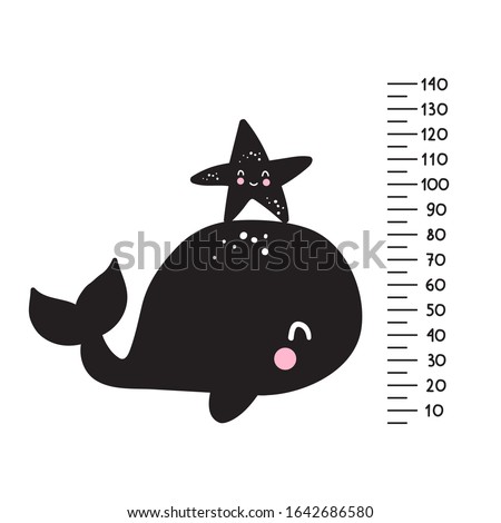 Cute whale and sea star and meter wall for measuring children. Vector illustration on white background.