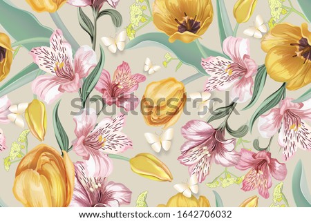 Seamless background of flowers of tulips, Alstroemeria, lilies. Decorative greeting card wedding, birthday, happy Valentine's Day, March 8, suitable for fabrics, patterns, Wallpaper, advertising, sale Royalty-Free Stock Photo #1642706032