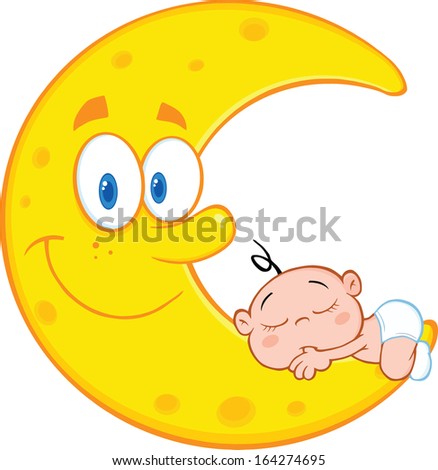 Cute Baby Boy Sleeps On The Smiling Moon Cartoon Characters. Raster Illustration