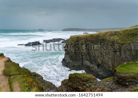 Winters storm at Gwithain with Godrevy in the distance Cornwall England UK Europe