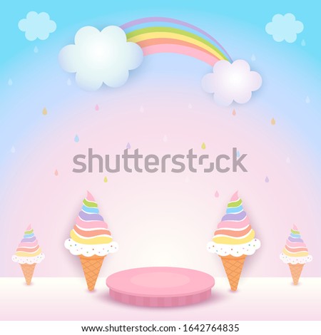 Illustration vector of rainbow ice cream cone with display stand on pastel background.
