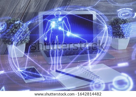 Desktop computer background and education theme drawing. Double exposure. Study concept.