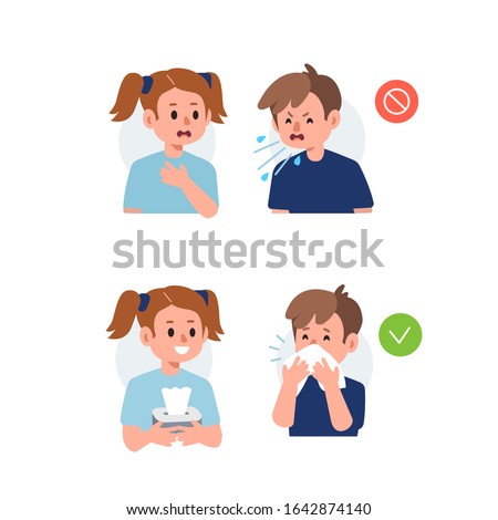 Kid Character Sneezing and Coughing Right and Wrong. Medical Recommendation How to Sneeze Properly. Prevention against Virus and Infection. Hygiene Concept.  Flat Cartoon Vector Illustration.
 Royalty-Free Stock Photo #1642874140