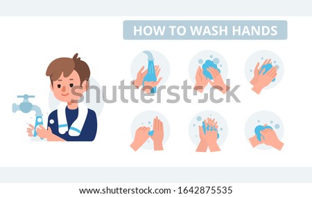 Kid Character Washing Hands with Soap under running Water. Infographic Steps How Washing Hands Properly. Prevention against Virus and Infection. Hygiene Concept.  Flat Cartoon Vector Illustration.
 Royalty-Free Stock Photo #1642875535