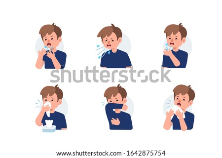 Kid Character Sneezing and Coughing Right and Wrong. Medical Recommendation How to Sneeze Properly. Prevention against Virus and Infection. Hygiene Concept.  Flat Cartoon Vector Illustration. Royalty-Free Stock Photo #1642875754