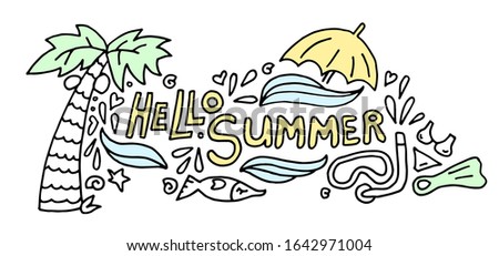 Summer black hand drawn thin line postcard isolated on white background. Seasonal greeting with words Hello Summer. Doodle card with palm tree, swimsuit, glasses, booze, umbrella,  leaves. 