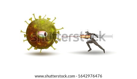 Doctor is fighting coronavirus. Realistic virus cell. Coronavirus 2019-nCov vaccine. Beat virus. Inject medicine. Defeat disease. Vector. Doctor goes on attack on pathogenic organism. Give injection. Royalty-Free Stock Photo #1642976476