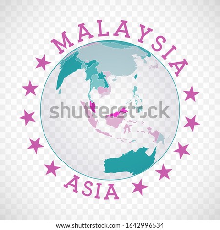 Malaysia round logo. Badge of country with map of Malaysia in world context. Country sticker stamp with globe map and round text. Modern vector illustration.