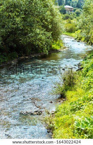 Vertical picture of Slavsko river in town Slavsko in Carpathian mountains in west part of Ukraine. Scenic landscape. Popular tourist destination for summer and winter holidays