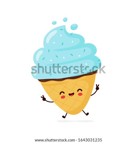 Cute happy smiling ice cream cone. Vector flat cartoon character illustration icon design.Isolated on white background. Ice cream cone, dessert menu concept