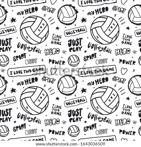 Abstract black seamless pattern for volleyball with ball and text. Sports background for the design of textiles, paper, banner, postcard, poster. Doodles, hand written words.