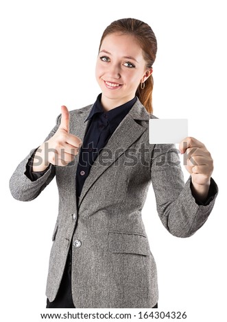 woman suit credit card thumbs up Isolated on white background