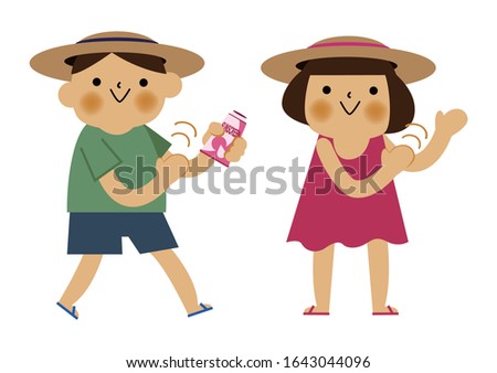Boy and girl and  applying sunscreen.
Summer clip art.
Character Design.