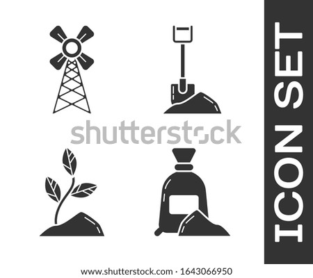 Set Bag of flour, Windmill, Sprout and Shovel in the ground icon. Vector