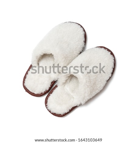 Sheepskin slippers isolated on white background/ Top view/ Close up  Royalty-Free Stock Photo #1643103649