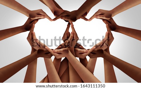 Diversity love and unity partnership as heart hands in groups of diverse people connected together shaped as an inclusion and inclusive support symbol of teamwork and togetherness. Royalty-Free Stock Photo #1643111350