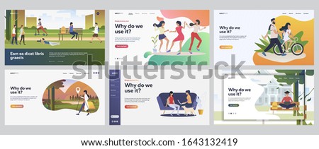Young people activities set. Friends walking in park, riding bike, hiking, dancing in party. Flat vector illustrations. Friendship, leisure concept for banner, website design or landing web page