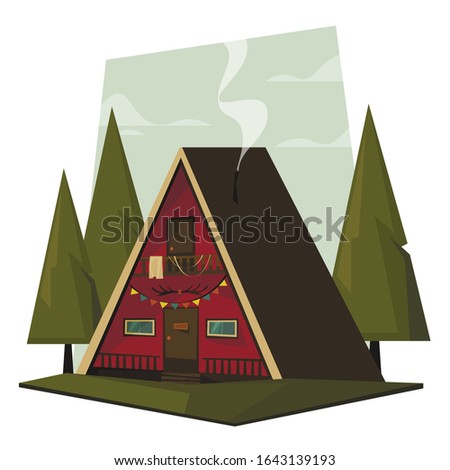 Illustration of a cute triangular house in the forest. Hut of a forester or hunter. Cartoon vector illustration.