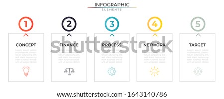 Infographic design template with icons and five thin line strategy. Data process visualization. Vector for company and corporate business project and presentation. Eps 10