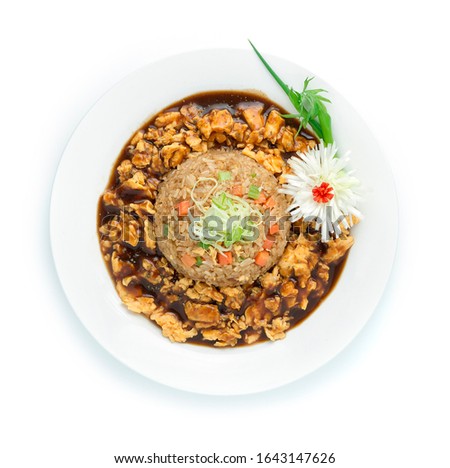 Japanese Fried Rice with Omelet in Sweet Gravy Sauce Japanese food style decorate carved Japanese bunching onion Flower shape Maincorse delicious dish top view
