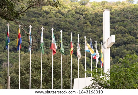 Flags of the Monument to the Italian Immigrant, erected in honor of the centenary of Italian colonization in the region, started in 1877, in the city of Silveira Martins, State of RS, Brazil.