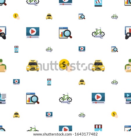 service icons pattern seamless. Included editable flat Web analytics, Cost per click, Mobile marketing, Video marketing, Taxi service icons. service icons for web and mobile.