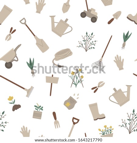 Vector seamless pattern with garden tools, flowers, herbs, plants. Repeat background with gardening equipment. Flat spring texture with spade, shovel, rakes