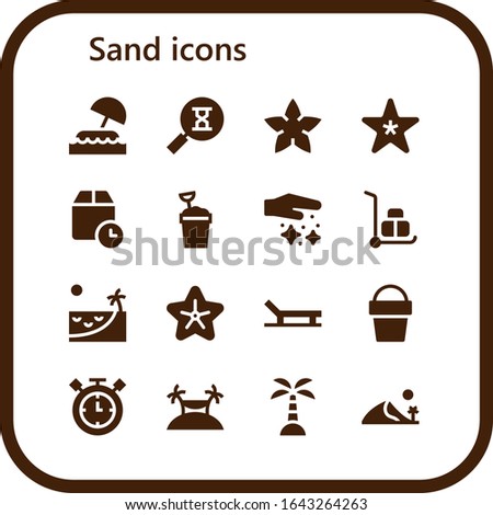 Modern Simple Set of sand Vector filled Icons. Contains such as Island, Sandclock, Starfish, Wait time, Sand bucket, Dust, Wheelbarrow and more Fully Editable and Pixel Perfect icons.