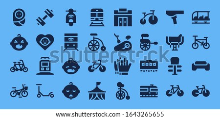 bicycle icon set. 32 filled bicycle icons. Included Baby, Tandem, Bicycle, Sport, Train, Scooter, Bike, Circus, Gym, Stationary bike, Football gloves, Unicycle, Rickshaw icons