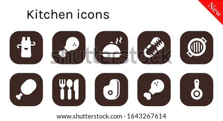 kitchen icon set. 10 filled kitchen icons.  Simple modern icons such as: Apron, Chicken, Salver, Tongs, Grill, Meat, Cutlery, Chicken leg, Pan