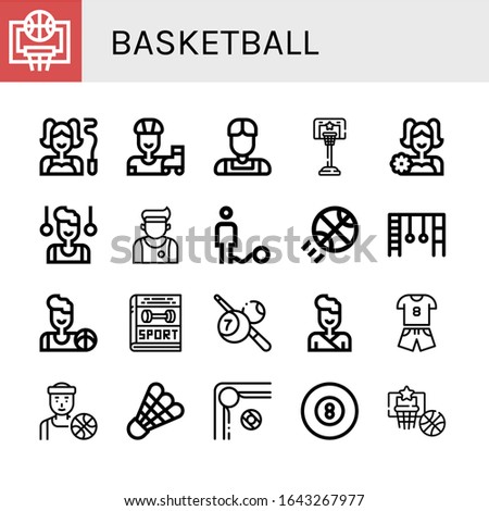 Set of basketball icons. Such as Basketball, Gymnast, Roller skate, Athlete, Cheerleader, Ball, Monkey bars, Sport, Billiard, Judo, Basketball player, Shuttlecock , icons