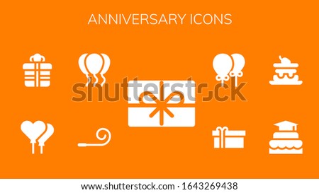 anniversary icon set. 9 filled anniversary icons.  Simple modern icons such as: Present, Party blower, Balloons, Gift, Cake
