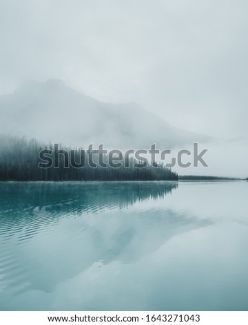Thick, eerie fog creeping over pine trees with towering hazy mountains across the emerald water reflections of Emerald Lake  in Yoho National Park, BC, Canada. Royalty-Free Stock Photo #1643271043