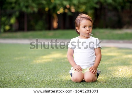 Photo of little toddler boy eating candy on stick (lollipop) sitting on green grass at park or playground in sunny day. Child sits outdoors with sweet. Happy childhood concept. Room for copy text