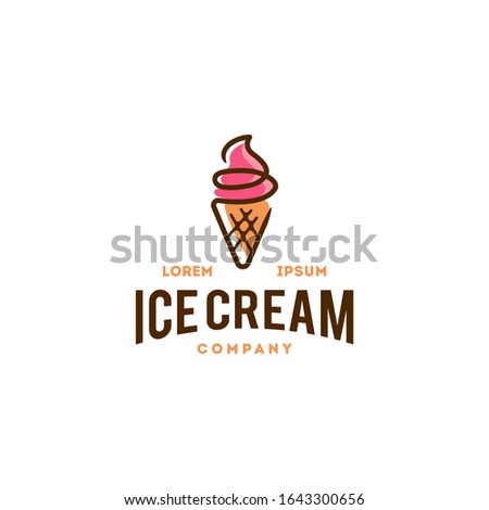 strawberry ice cream badge sign logo icon in trendy cartoon line style, retro and colorfull scoop logo illustration