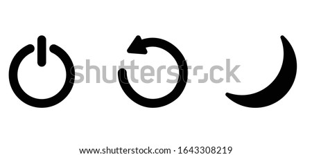 Three different icons. Off/on, reboot/recycle/repeat and night/sleep mode. Black icon. Set for design. Technology set. Pack for illustrator. 3 vectors. Vector shapes. Computer power shape.  Royalty-Free Stock Photo #1643308219