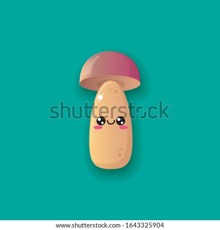 vector funny cute kawaii mushroom character isolated on turquoise background. Vector litlle smiling mushroom