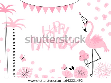 Happy Birthday card design with Candy Pink Flamingo in cone hat with ice-cream, palm, flower, butterfly, confetti. Exotic bird simple linear transparent overlapping shapes vector clip-art.