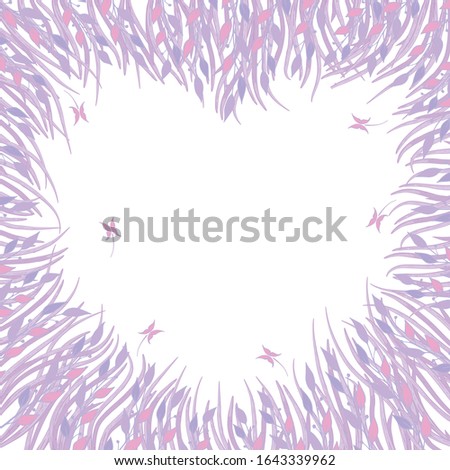 Vector romantic frame in the shape of a heart from stylized violet-pink twigs and grass. For love cards, greetings, weddings, Valentine's Day. Wall sticker, cover. For various printing and design.