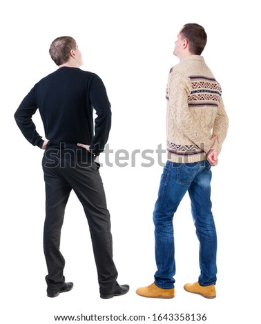 Back view of two man in sweater. Rear view people collection. backside view of person. Isolated over white background.