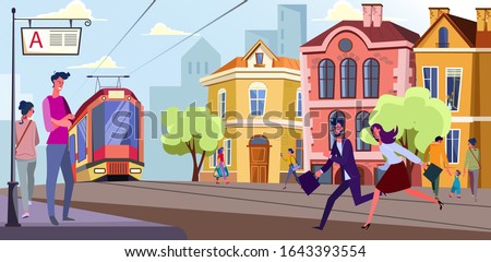 People running to tram stop. Passengers, tramway, street flat vector illustration. Transportation, commuting, traffic concept for banner, website design or landing web page