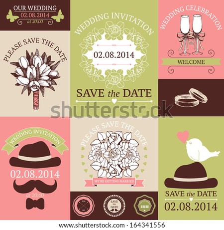Vector set of decorative wedding cards and stickers.