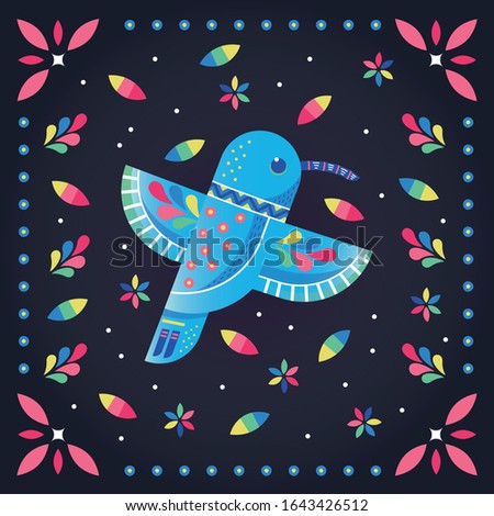Beautiful blue hummingbird. Mexican style vector illustration. Flat illustration.